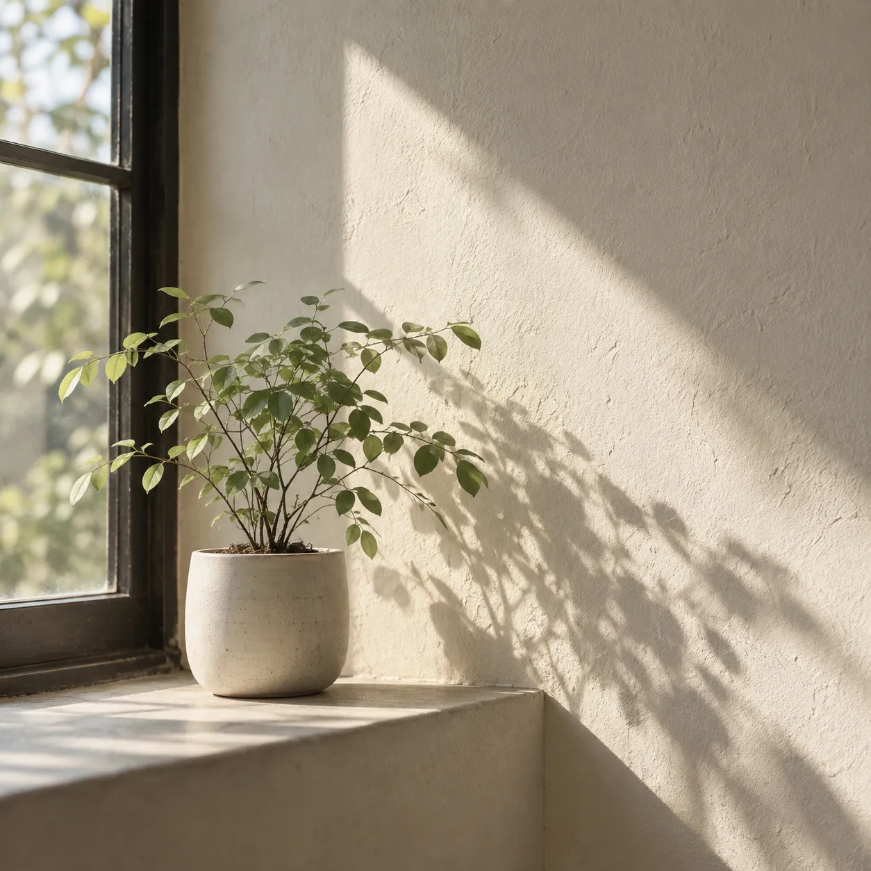 窓辺に置かれた植物と、その影