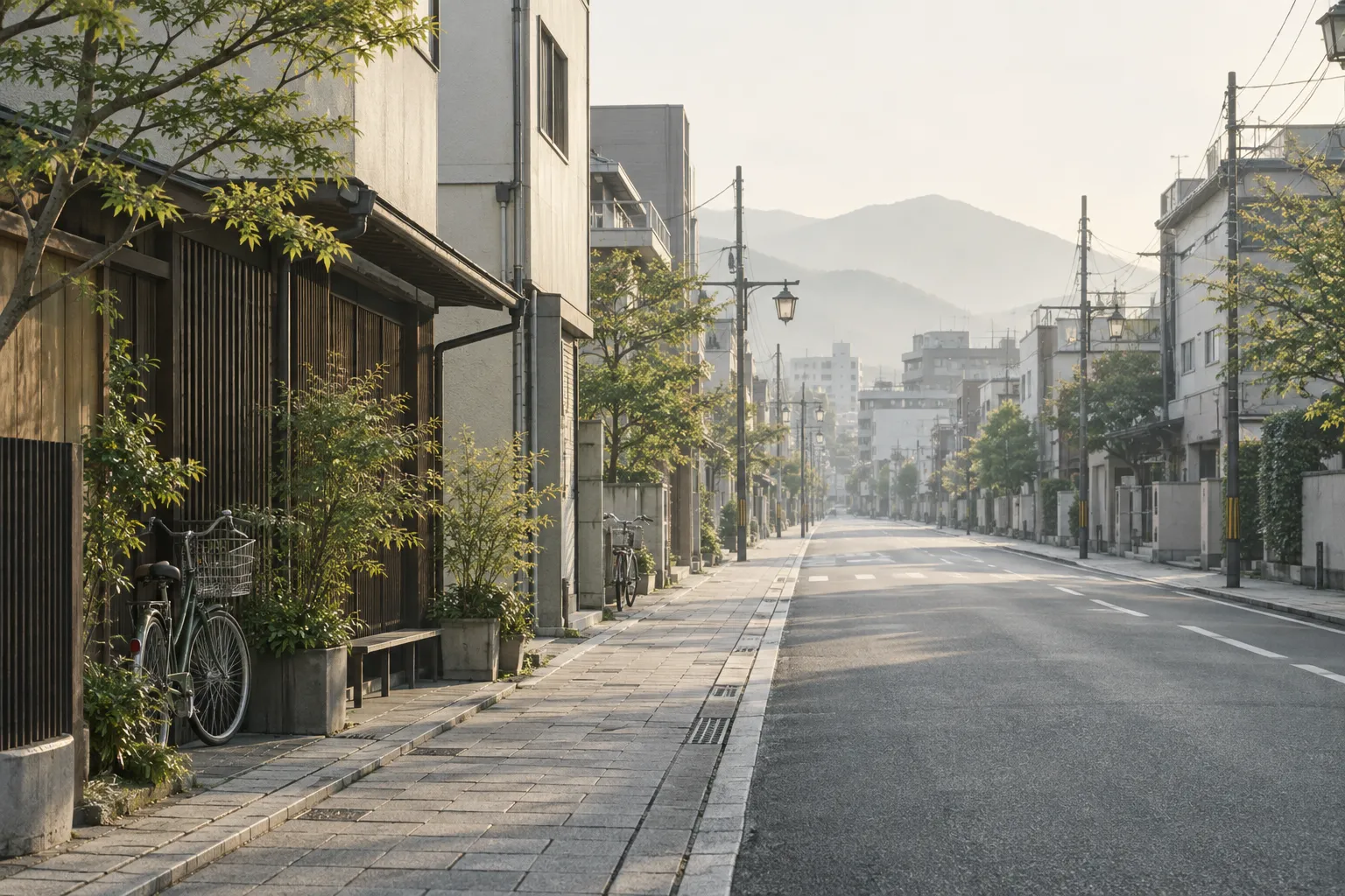 朝の静かな街並み